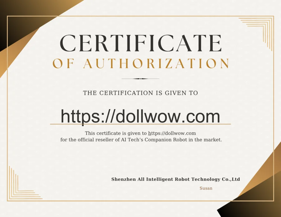Ai-Tech certificate authorizing DollWow as a retailer