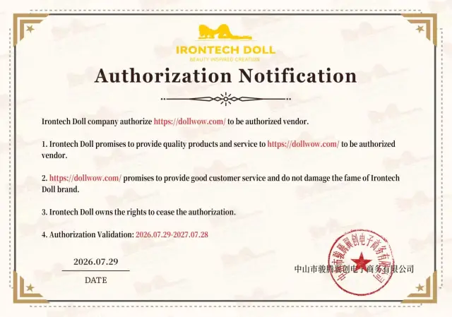 Irontech Dolls certificate authorizing DollWow as a retailer
