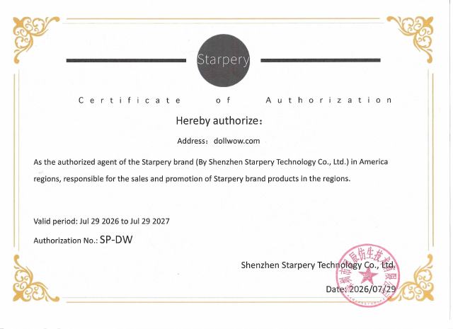 Starpery Dolls certificate authorizing DollWow as a retailer