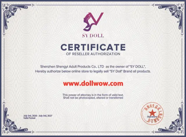 SY Doll certificate authorizing DollWow as a retailer