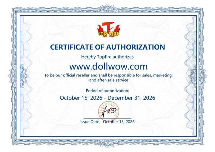 Top Fire Doll certification authorizing DollWow as a retailer
