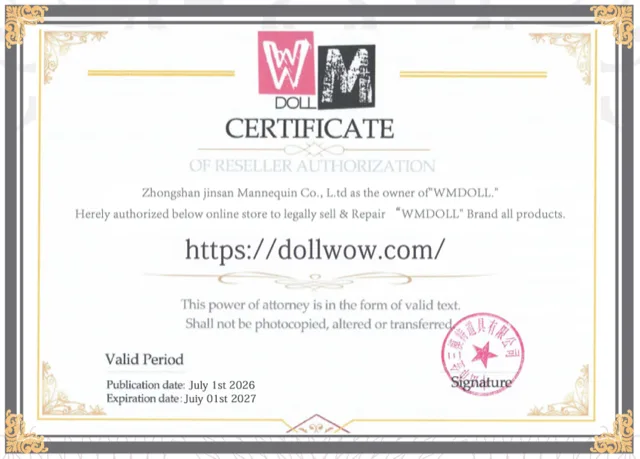 WM Dolls certificate authorizing DollWow as a retailer