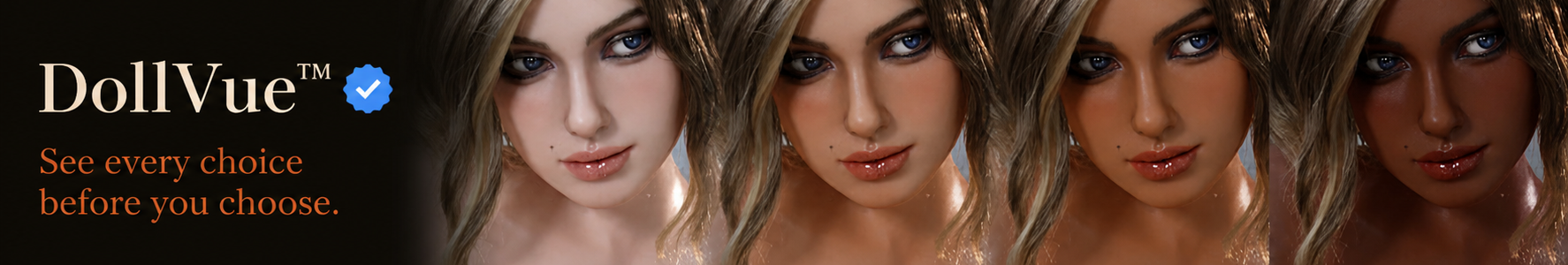 DollVue preview showing the same Luna doll in four selectable skin tones
