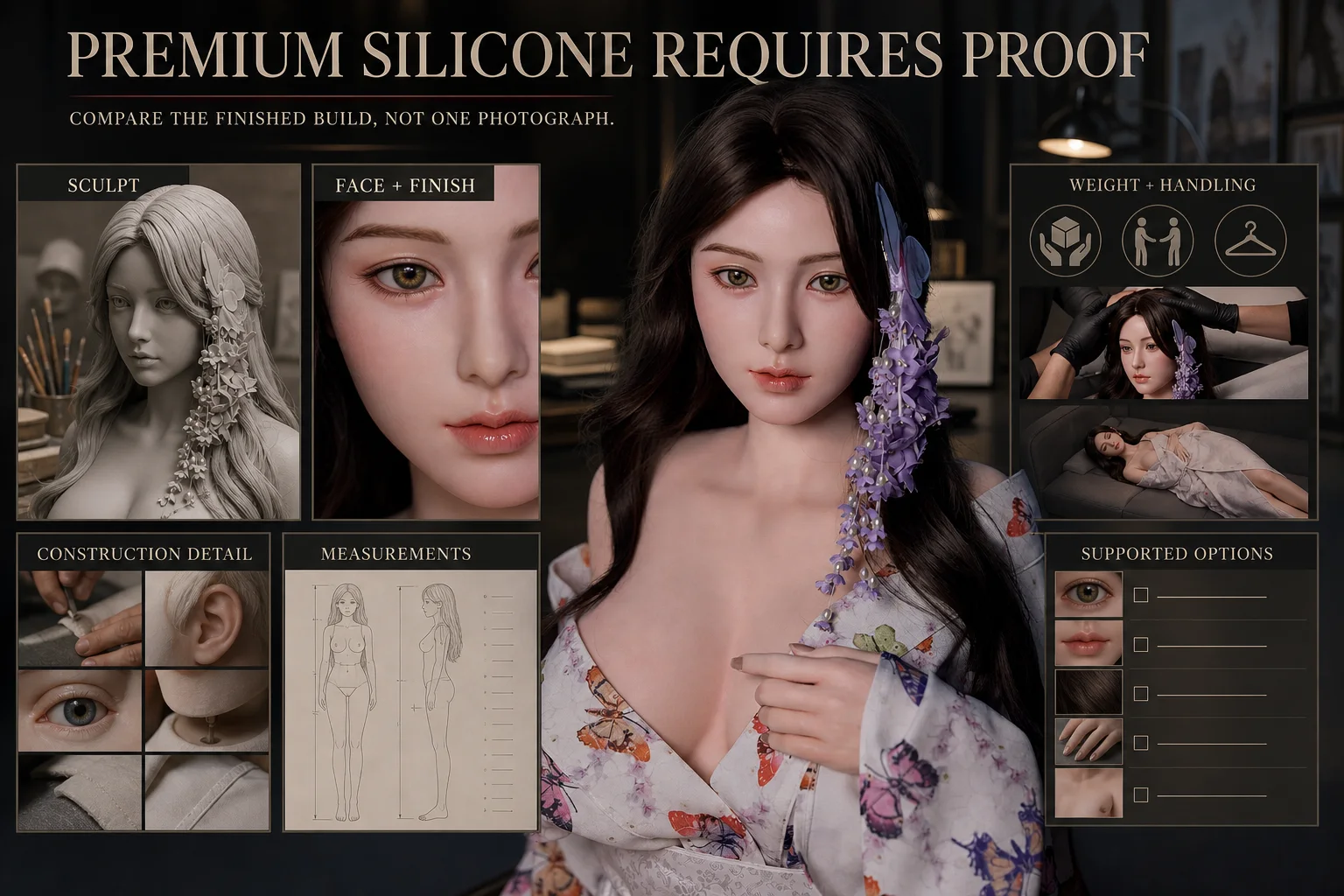 A current Starpery catalog doll in a premium silicone inspection spread covering sculpt, finish, construction, measurements, handling, and options
