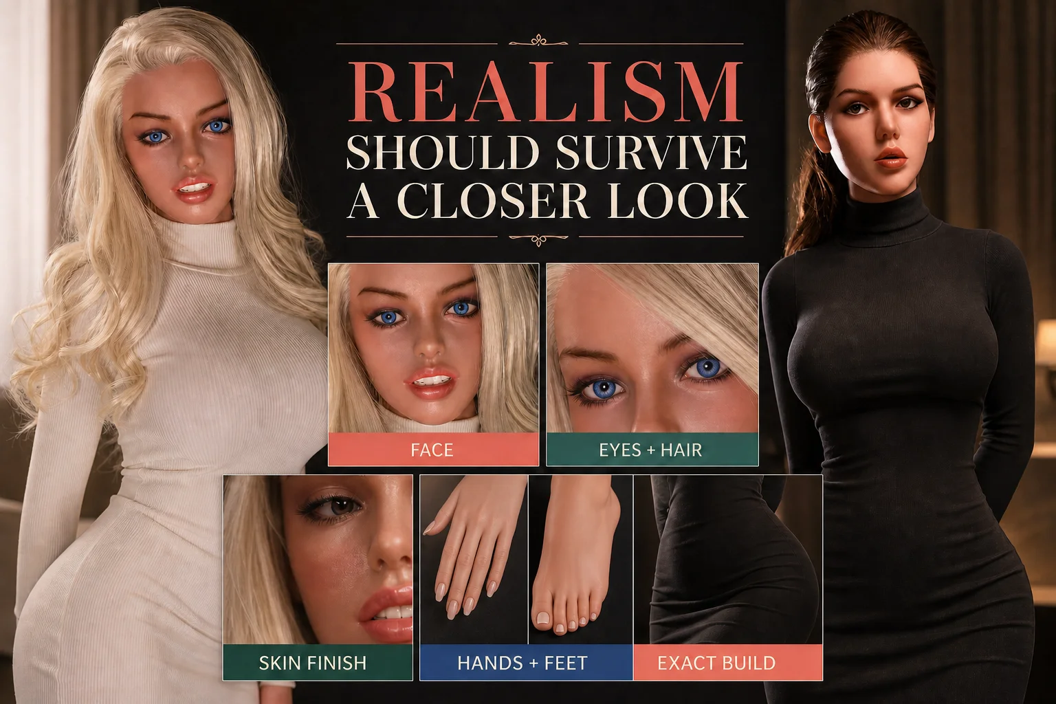 Two current DollWow catalog dolls and five close-up checks for face, eyes and hair, skin finish, hands and feet, and the exact final build
