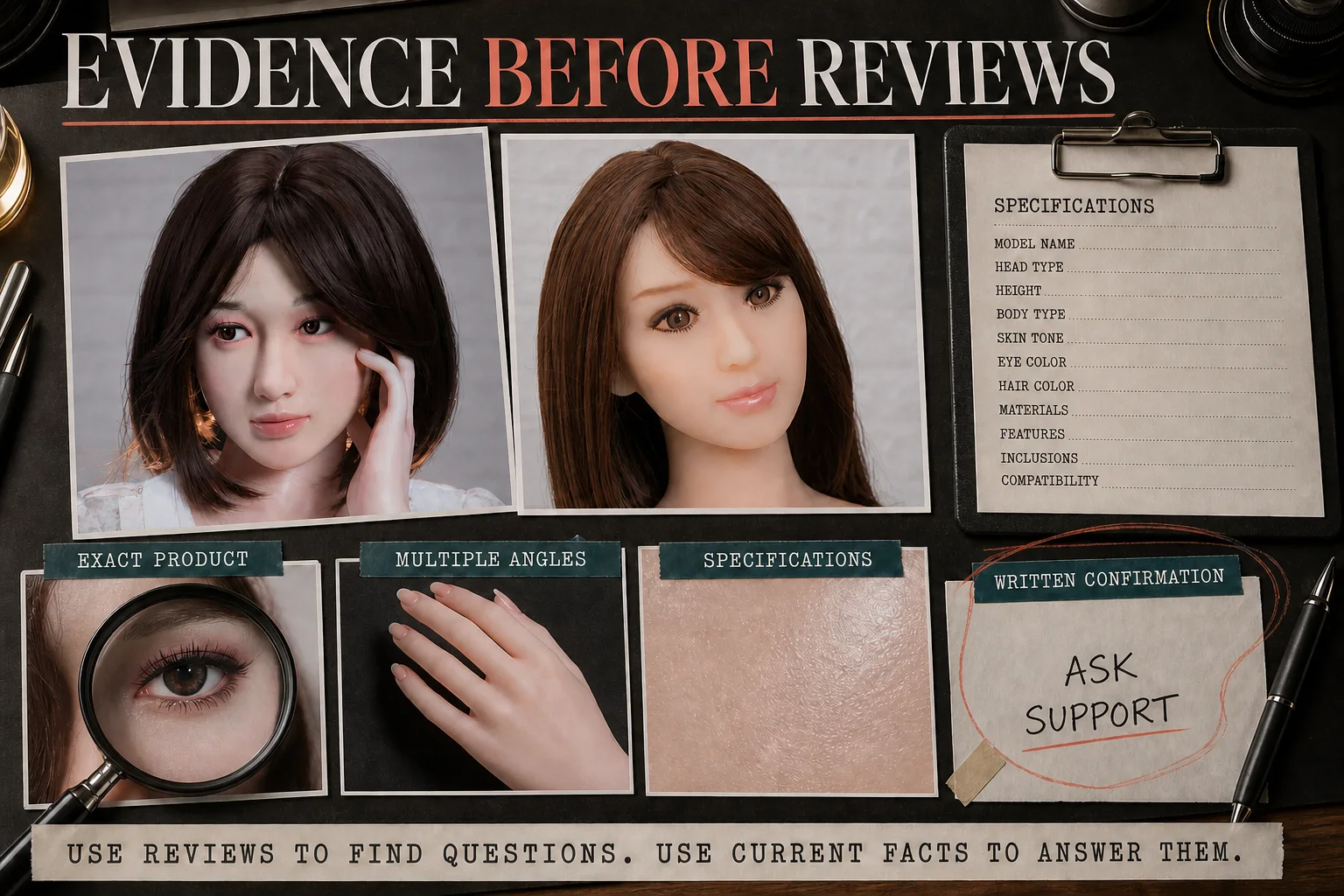 Two current SE Doll faces in an evidence desk showing exact-product photos, multiple angles, specifications, and written confirmation
