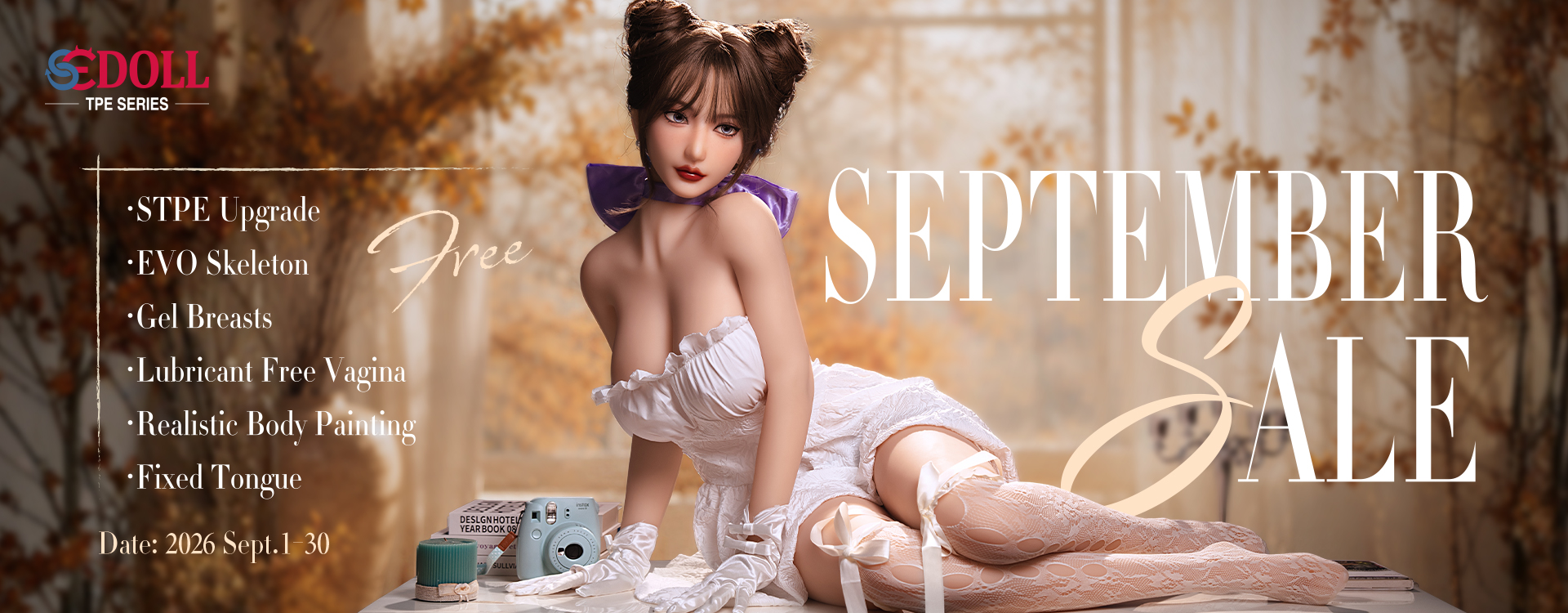 SE Doll TPE September 2026 factory promotion featuring an adult companion doll in white ruffled lingerie and the six included TPE custom-order bonuses, valid 1–30 September 2026.